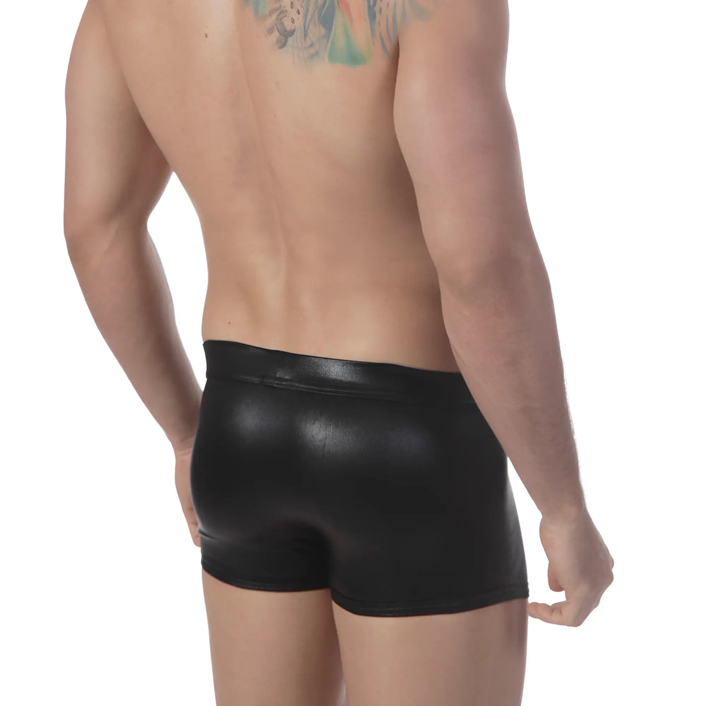 MetroMaleWear black trunk 2017-20 shiny faux leather briefs with a sleek form-fitting design front view