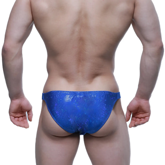 MetroMaleWear bling bikini royal blue swim trunks with vibrant blue sequins and a shimmering textured finish
