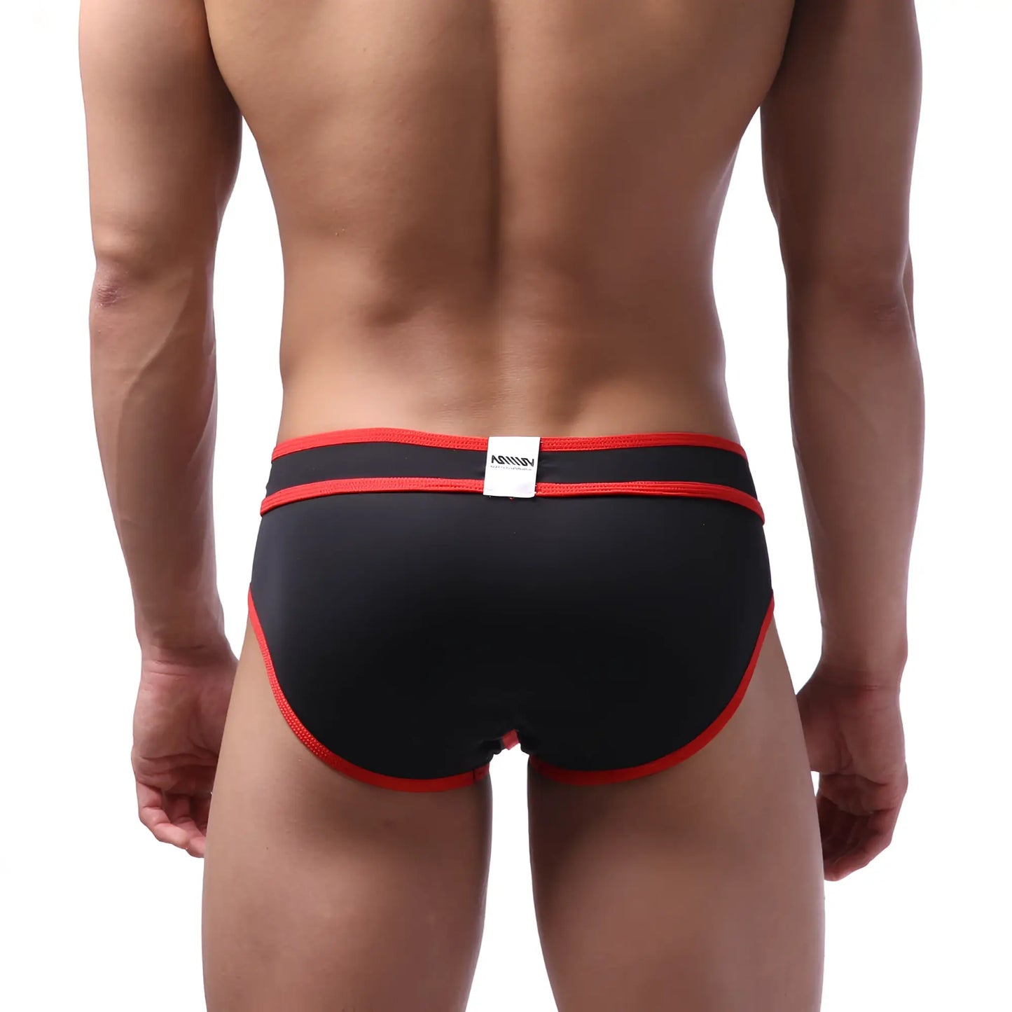 Black briefs with red trim and white label at waistband metro male wear bold swim brief red 4961-12