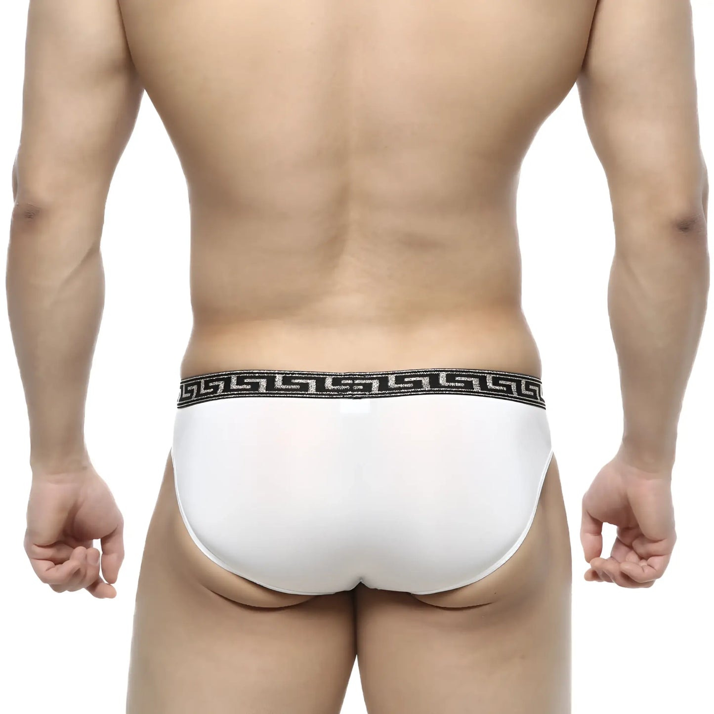MetroMalewear bolero bikini white briefs with a black Greek key patterned waistband in a comfortable fit