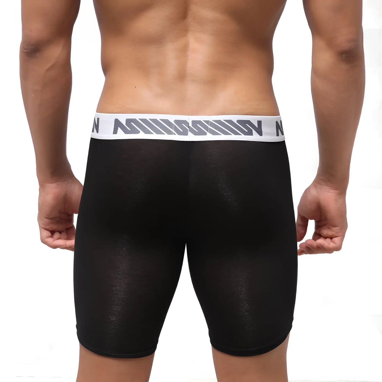 Black sheer athletic briefs with white waistband and gray stripes featuring nin logo metroMalewear bosillo bold boxer