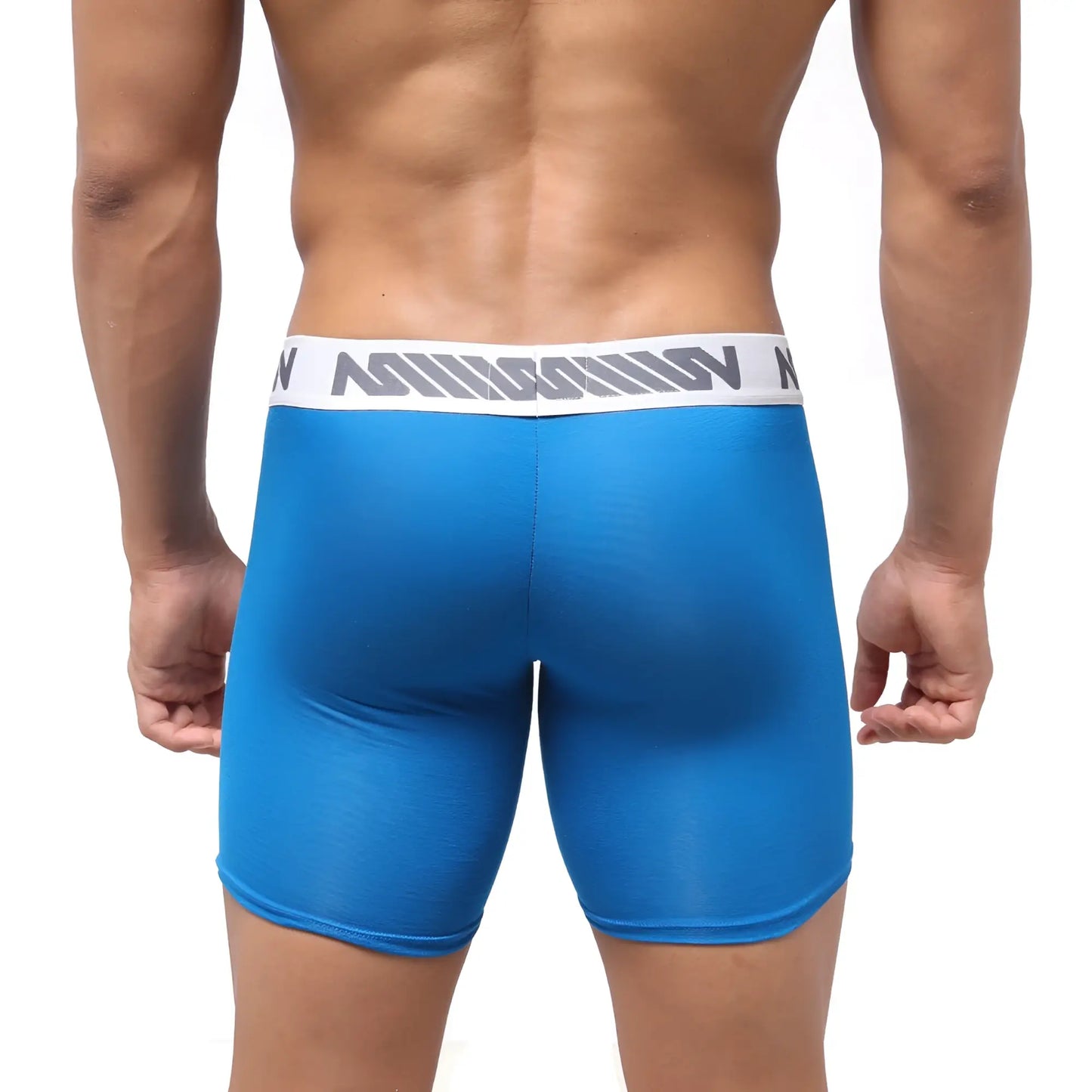 Blue men’s boxer briefs with white elastic waistband gray stripes and million branding metroMalewear bosillo bold long royal blue