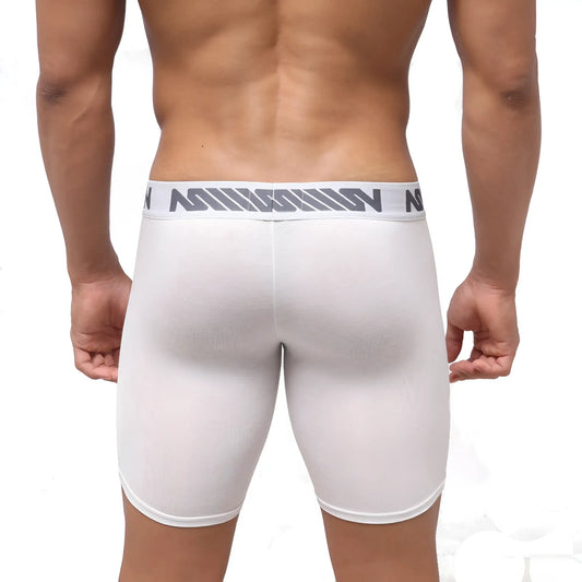 White mission men’s compression shorts with gray logo band at waist from metromalewear bosillo bold long boxer line