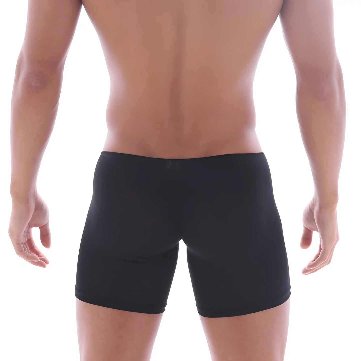 Black form-fitting boxer briefs with smooth stretchy fabric and minimalist design metro male wear bosillo long boxer