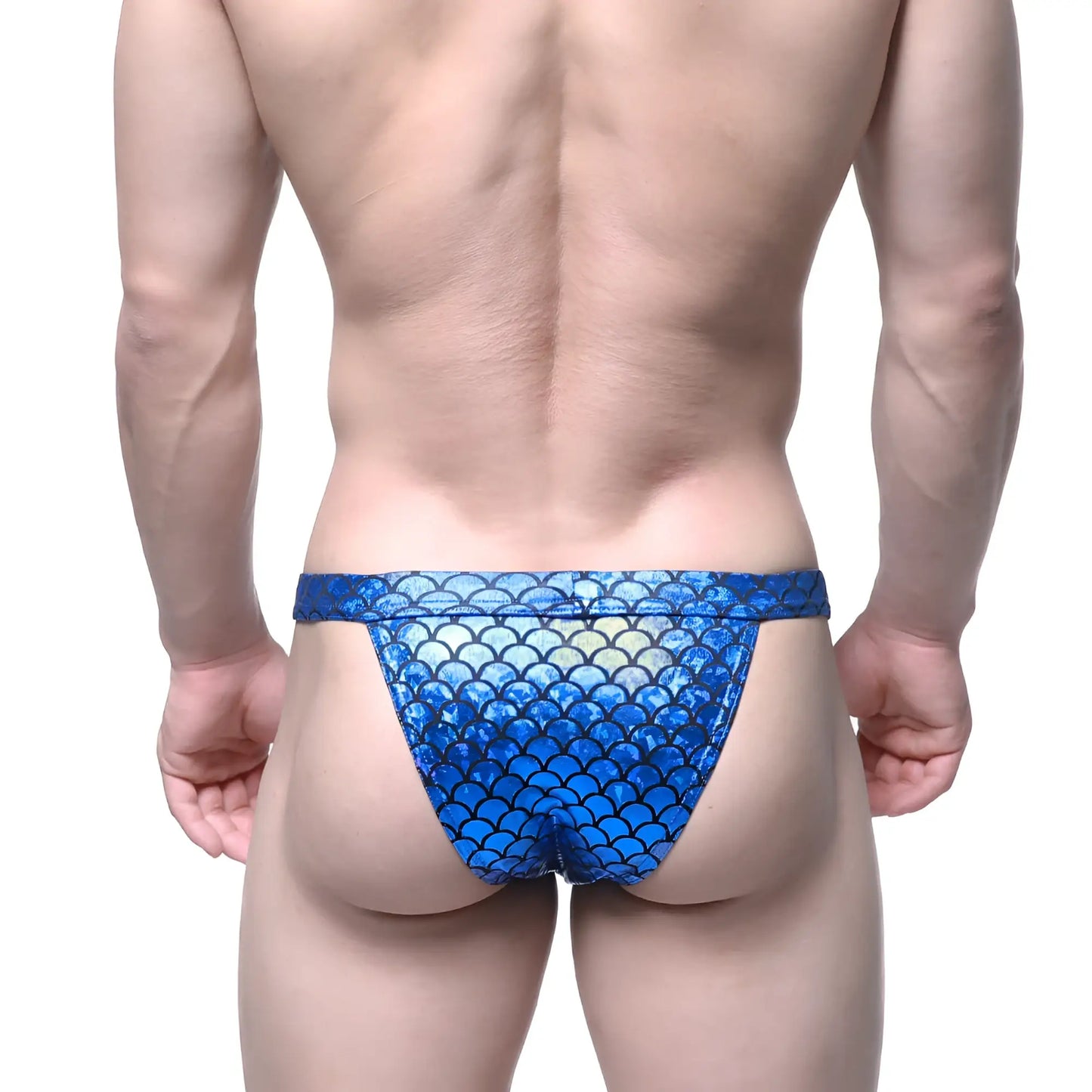 MetroMaleWear Brazilian bikini royal blue swim briefs with blue mermaid-scale pattern for stylish swimwear use