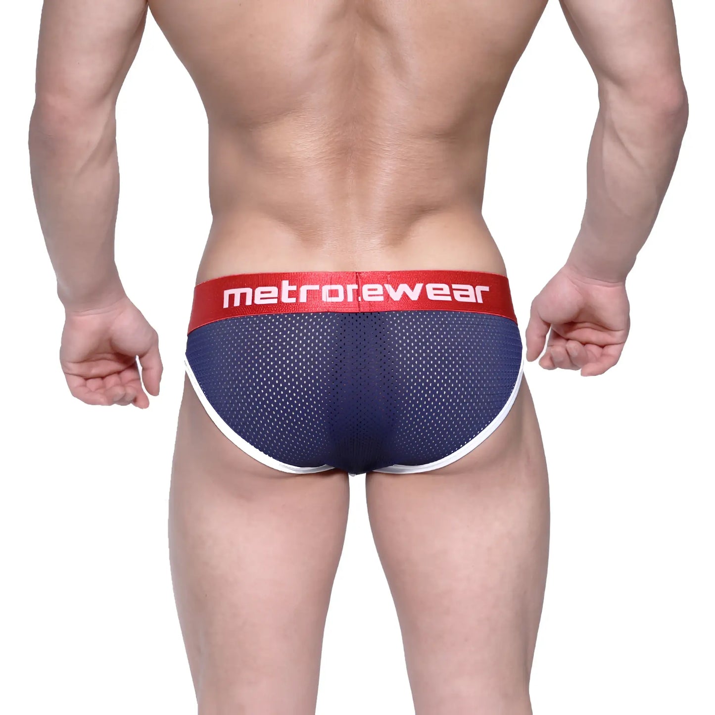 Navy blue mesh metrorewear briefs with red waistband logo and white trim metro malewear bruno brief 2803-31