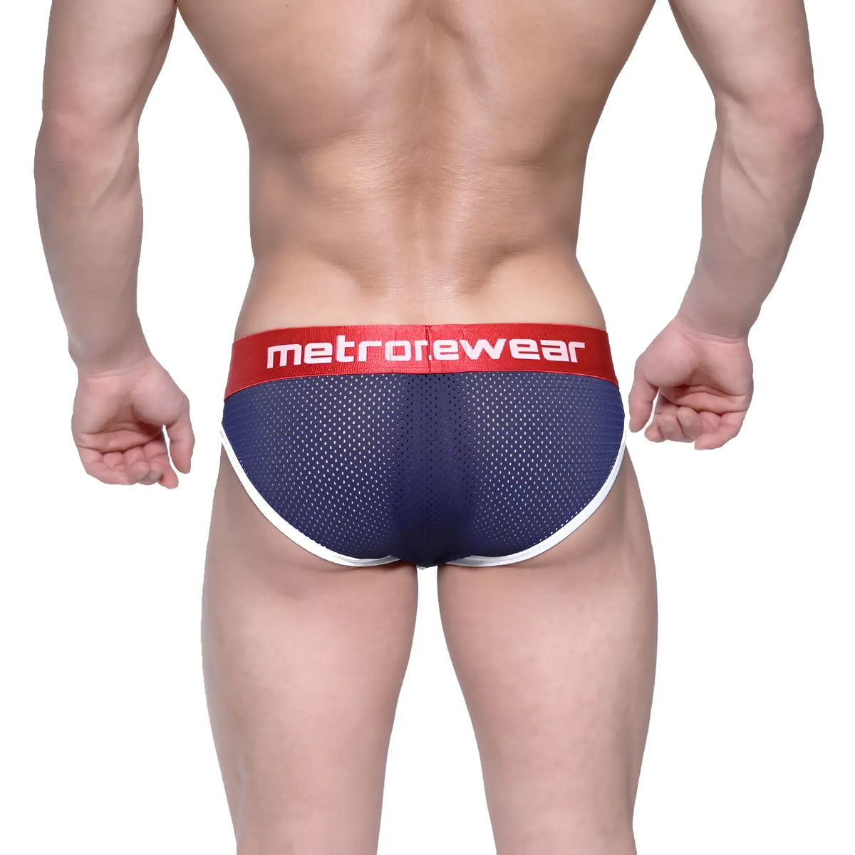 Navy blue mesh metrorewear briefs with red waistband logo and white trim metro malewear bruno brief 2803-31