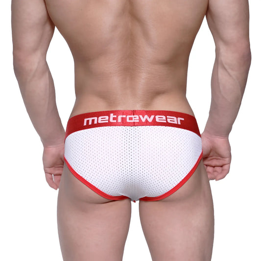 MetroMalewear Bruno brief red 2803-30 white mesh briefs with red trim and matching logo waistband