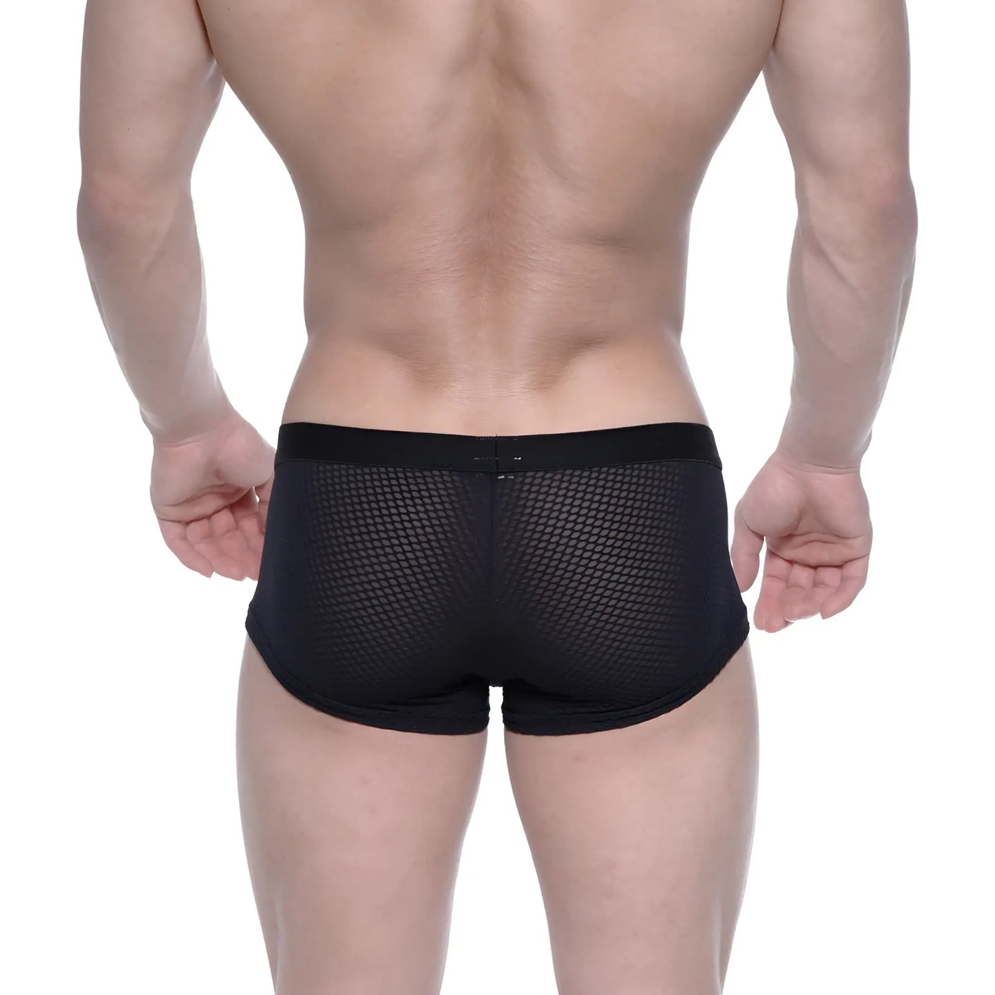 MetroMalewear bulge boxer black mesh briefs with solid black elastic waistband front view