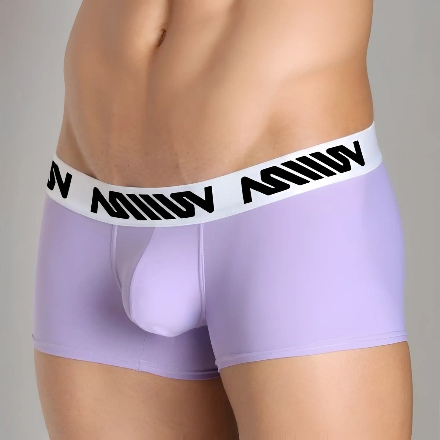 Lavender MetroMaleWear Bulge Boxer men’s briefs with white elastic waistband and black stylized lettering