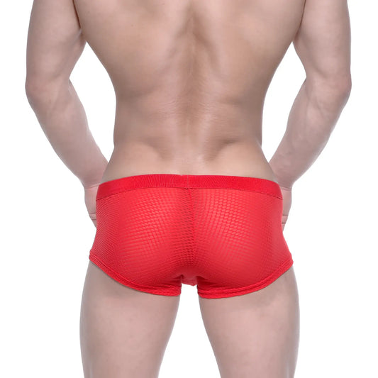 Red mesh metro malewear bulge boxer briefs with a snug form-fitting design in vibrant red mesh material