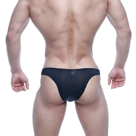 MetroMalewear bulge capri bikini in black sheer mesh briefs showcasing front side design and breathable fabric