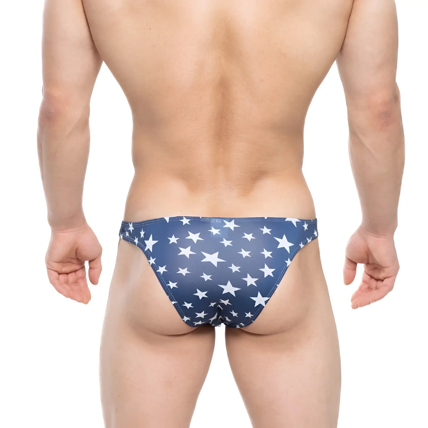 Blue metroMalewear bulge capri bikini swim trunks with white star pattern designed for comfortable wear
