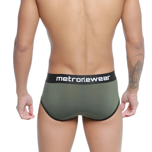 Olive green mesh briefs with black metrowear waistband metroMaleWear Cairo Brief Green 5106-26 front view