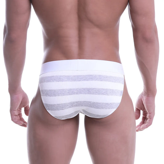 White and gray striped ribbed briefs by metromalewear in soft breathable fabric for comfortable everyday wear