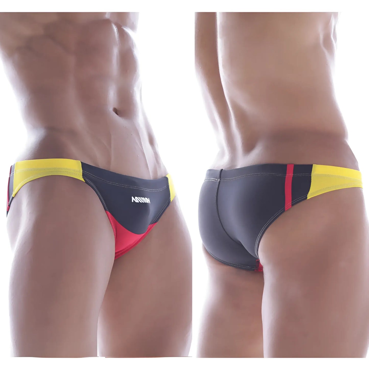 MetroMalewear california swim bikini black 4921-20 black and yellow swim trunks with red accents and agnix branding