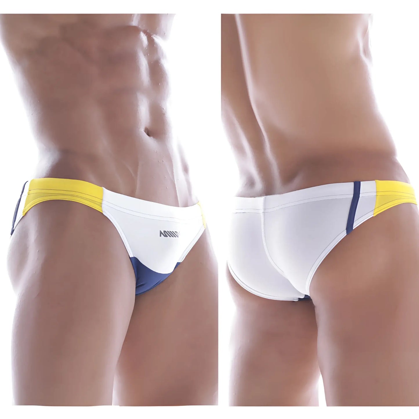 MetroMaleWear California swim bikini white 4921-00 sleek white yellow and navy blue swim trunks for men