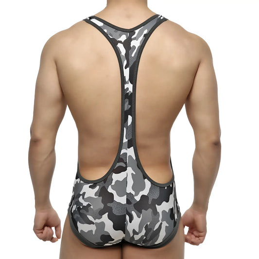 MetroMaleWear camo grey wrestler singlet in gray and black camouflage with racerback design shown from the back side