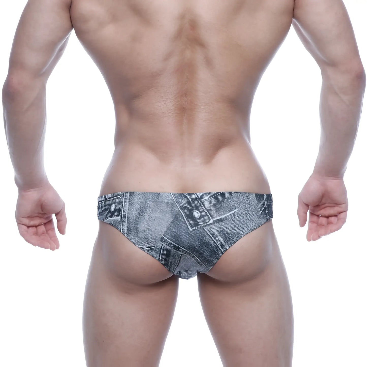 Denim-patterned swim trunks in faded blue-gray wash with stitched seams and button details metroMalewear capri bikini gray