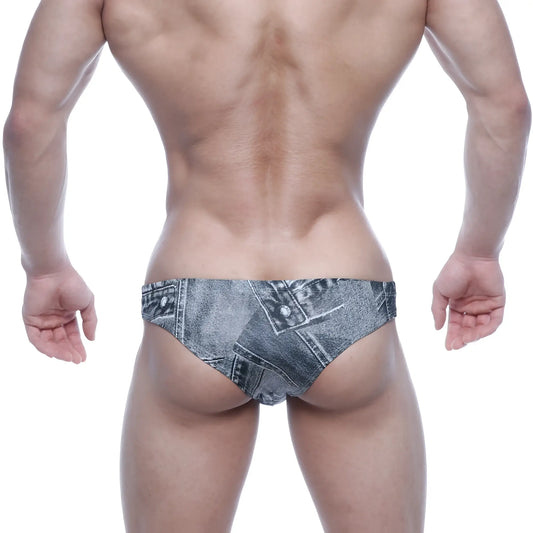 Denim-patterned swim trunks in faded blue-gray wash with stitched seams and button details metroMalewear capri bikini gray