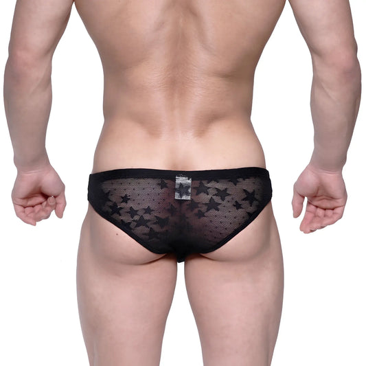 Metromalewear capri bikini star black 6103-51 black star-patterned mesh briefs front view