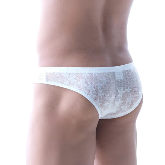 Metro male wear capri bikini briefs in white mesh with star pattern featuring breathable fabric design