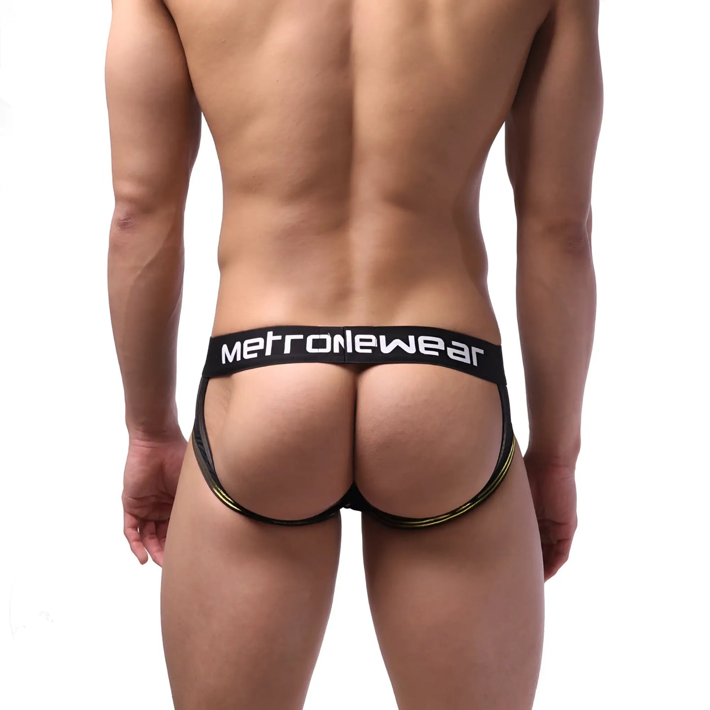 MetroMaleWear Carioca jock strap black with gold metallic trim sleek form-fitting metronewear briefs front view