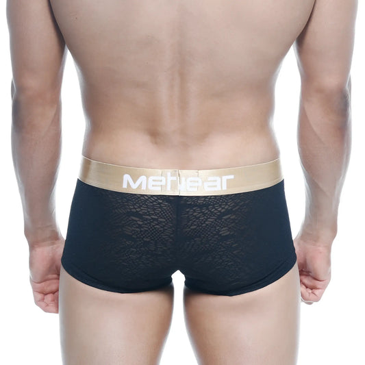 Black lace men’s briefs with a gold waistband featuring meticar branding metroMalewear carve short boxer black