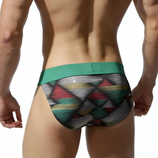MetroMaleWear Cebada Bikini 3004-86 green and multicolored geometric patterned men’s briefs with solid green waistband