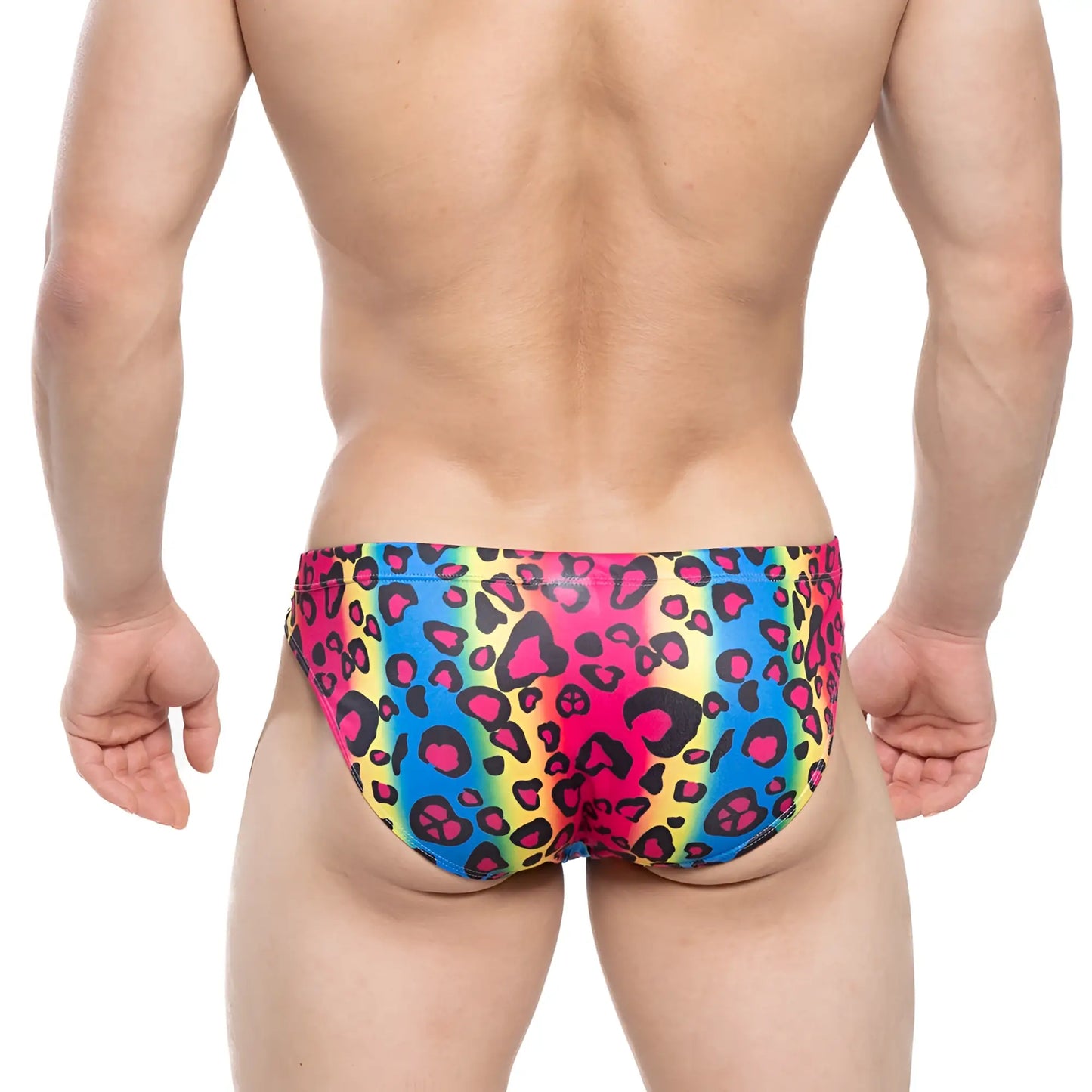 Vibrant rainbow-colored swim trunks with bold leopard print in pink blue and yellow from metromalewear character bikini 5103-m06