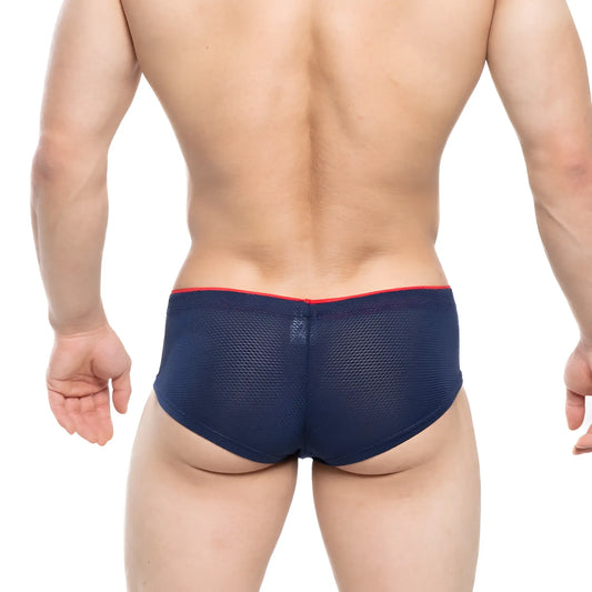 Navy blue mesh briefs with red trim on the waistband from MetroMaleWear cheek inmenso 2028-75 for men
