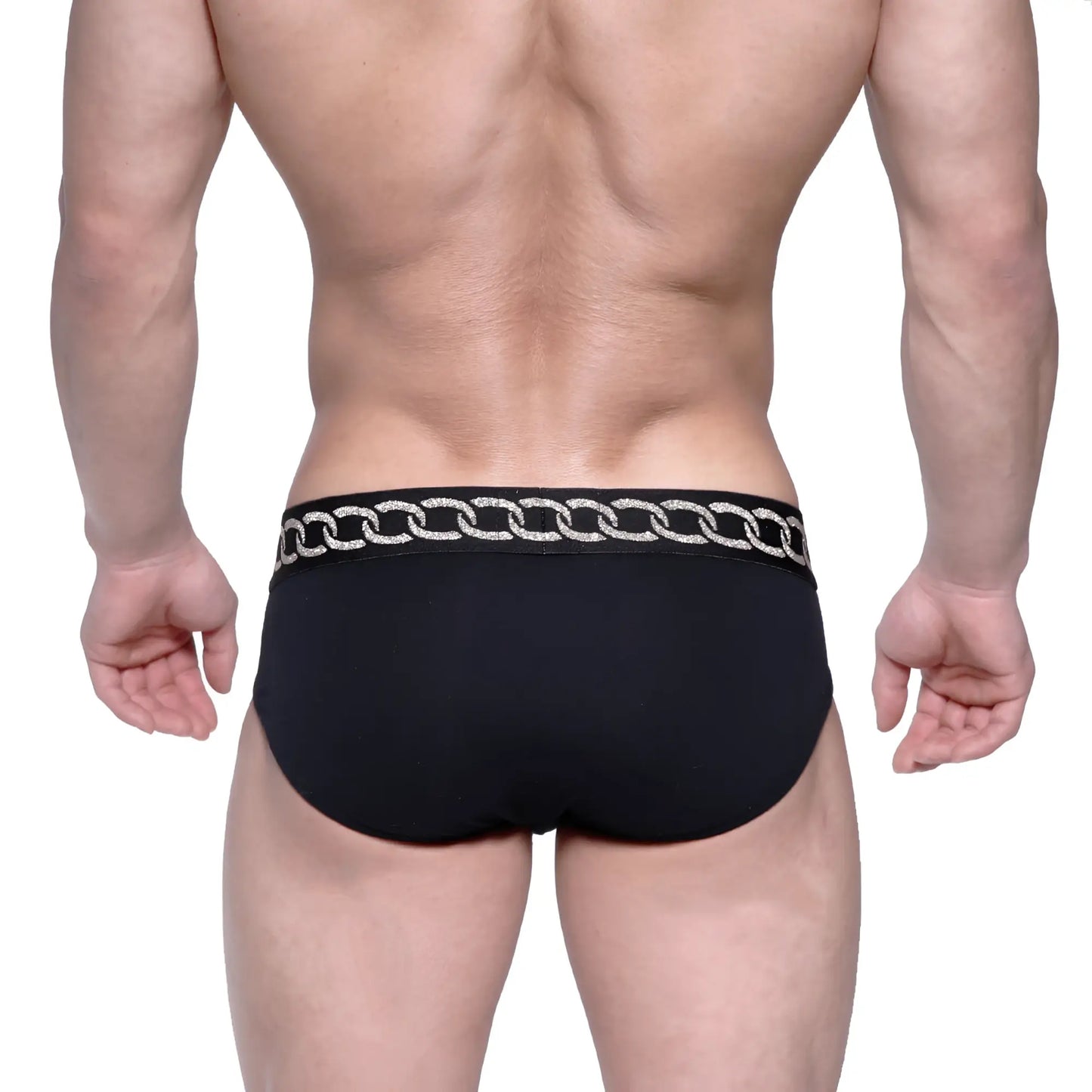 Black metro malewear classic hip brief with silver chain-link trim on the waistband metal black 5003-m20