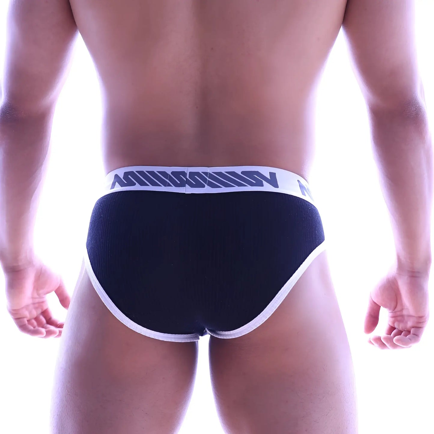Metro male wear classic ribbed brief black 1103-20 with white trim and blue logo on waistband for comfortable support