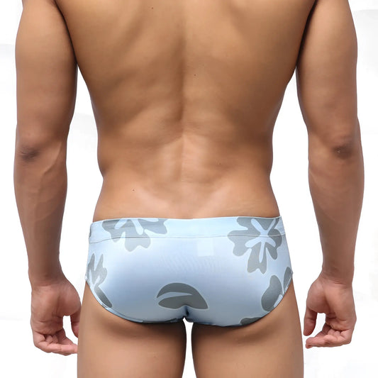 Light blue metro malewear classic swim briefs with gray floral pattern ideal for swimming and beachwear