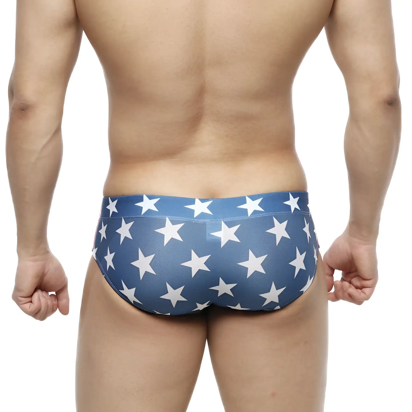 Blue swim trunks with a white star pattern metroMalewear classic swim brief usa 4914-92 for swimming and beachwear