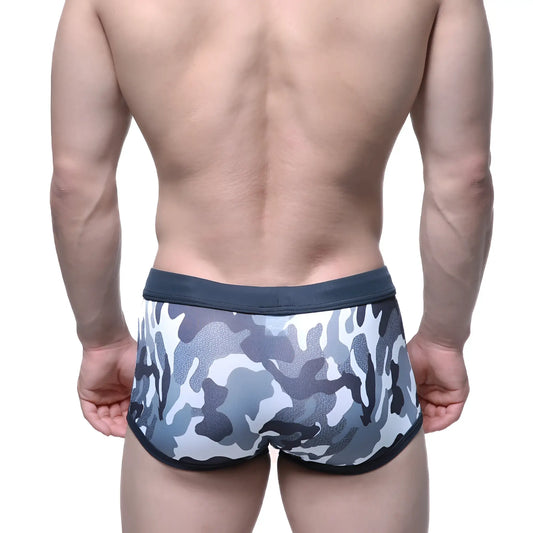 MetroMaleWear classic swim trunk briefs in gray and white camouflage with a solid dark gray waistband