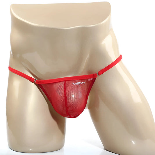 Metro male wear cobra string red 2214-12 red mesh thong with thin straps and mbw logo on front and metallic clasp