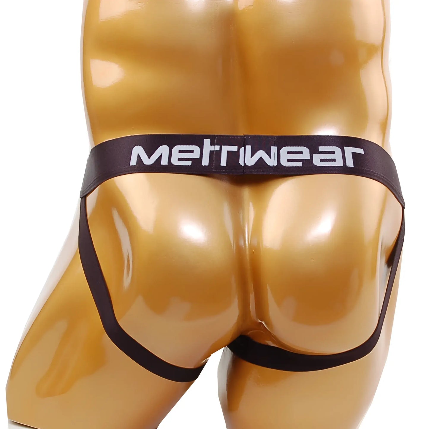 Black metriwear briefs displayed on glossy gold mannequin torso featuring metro male wear cock bra jock strap in white contrast
