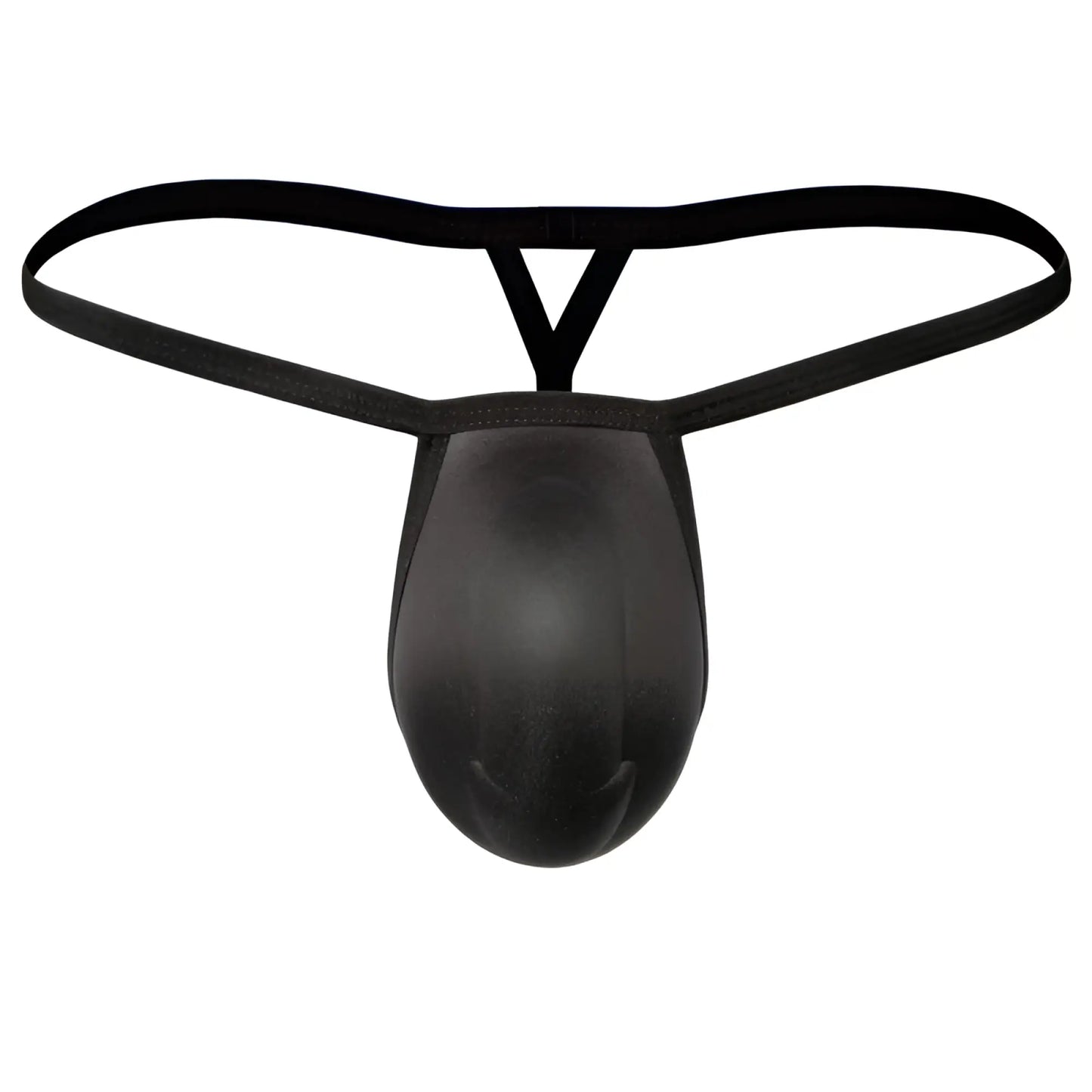 Black thong-style cock bra from MetroMaleWear with smooth textured fabric and thin elastic straps