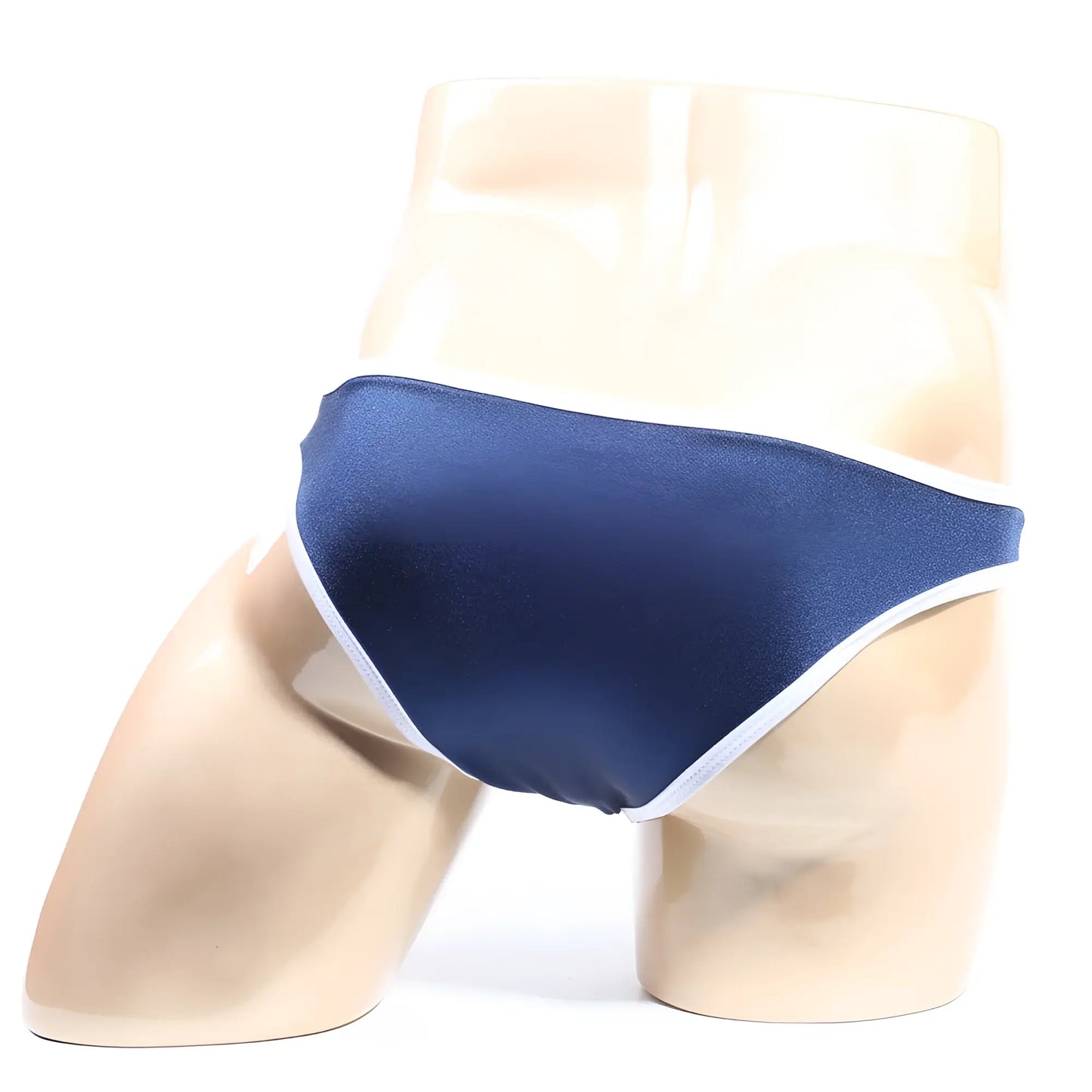 Navy blue satin briefs with white trim from MetroMaleWear Colonel Bikini navy 2019-28 product collection