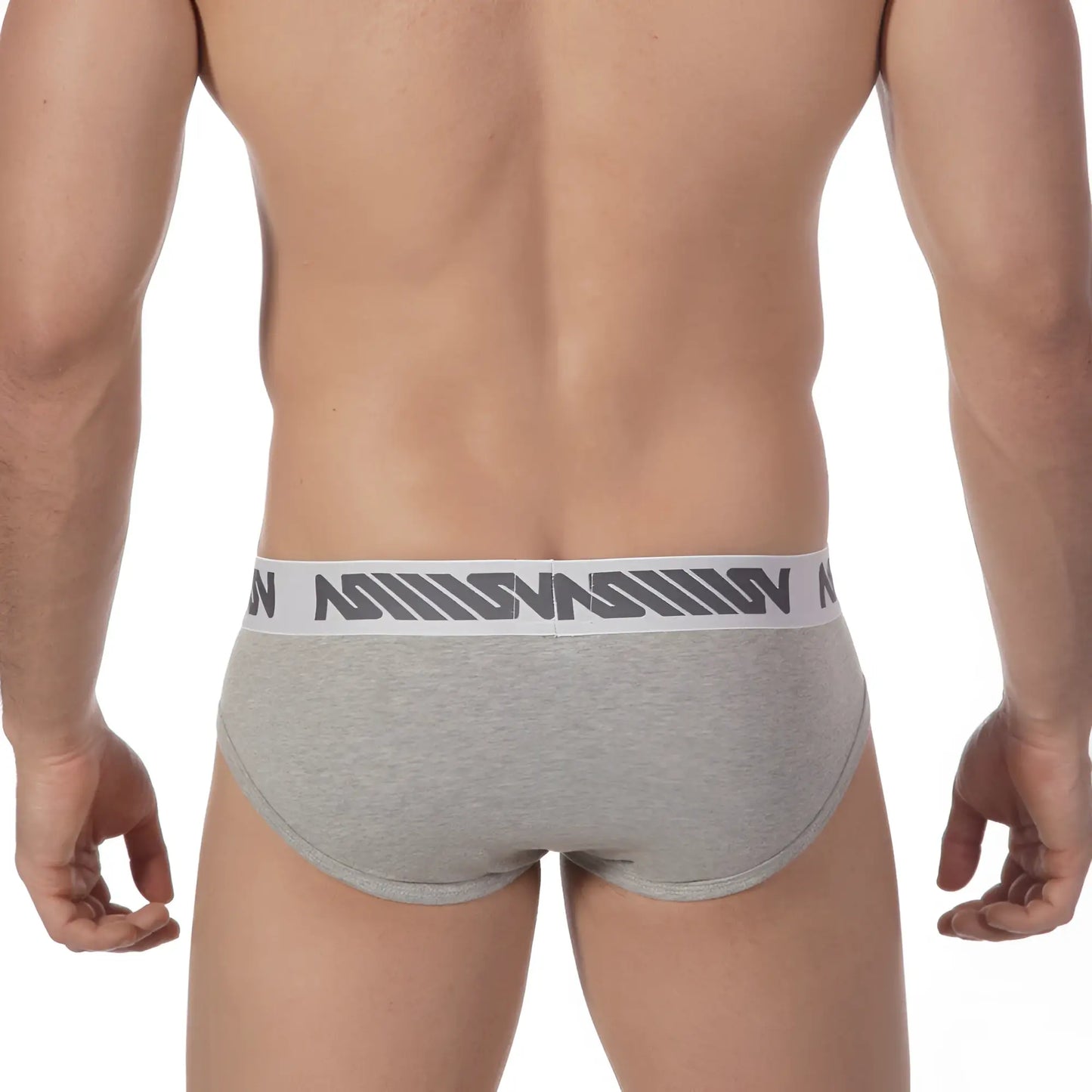 MetroMaleWear Core hip brief grey heathered with white elastic waistband featuring dark gray logo pattern