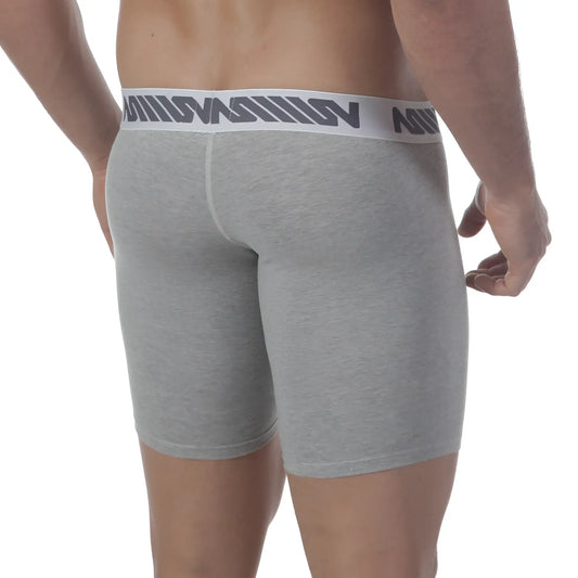 MetroMaleWear core midcut boxer briefs in gray heather with white elastic waistband and dark gray madison logo