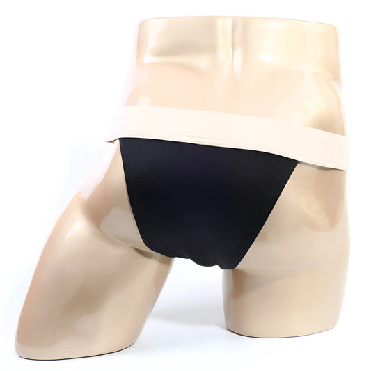 MetroMaleWear Cosmos bikini black satin briefs with wide beige waistband displayed on a mannequin front side