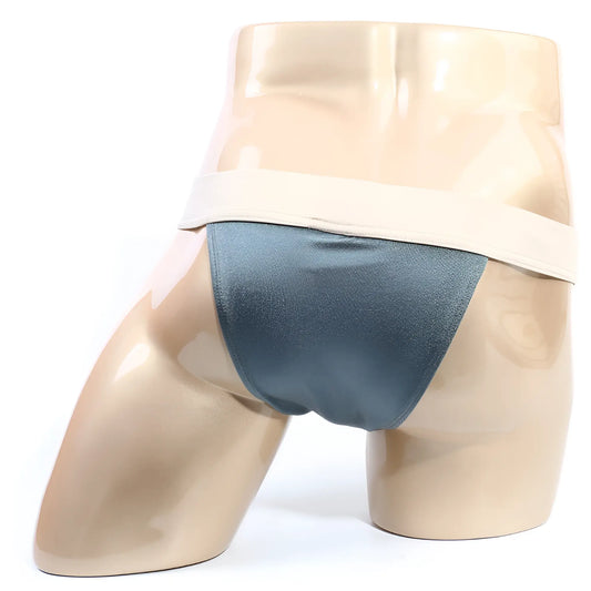 Dark teal satin briefs with a wide beige waistband from metromalewear cosmos bikini moss 1124-07 collection