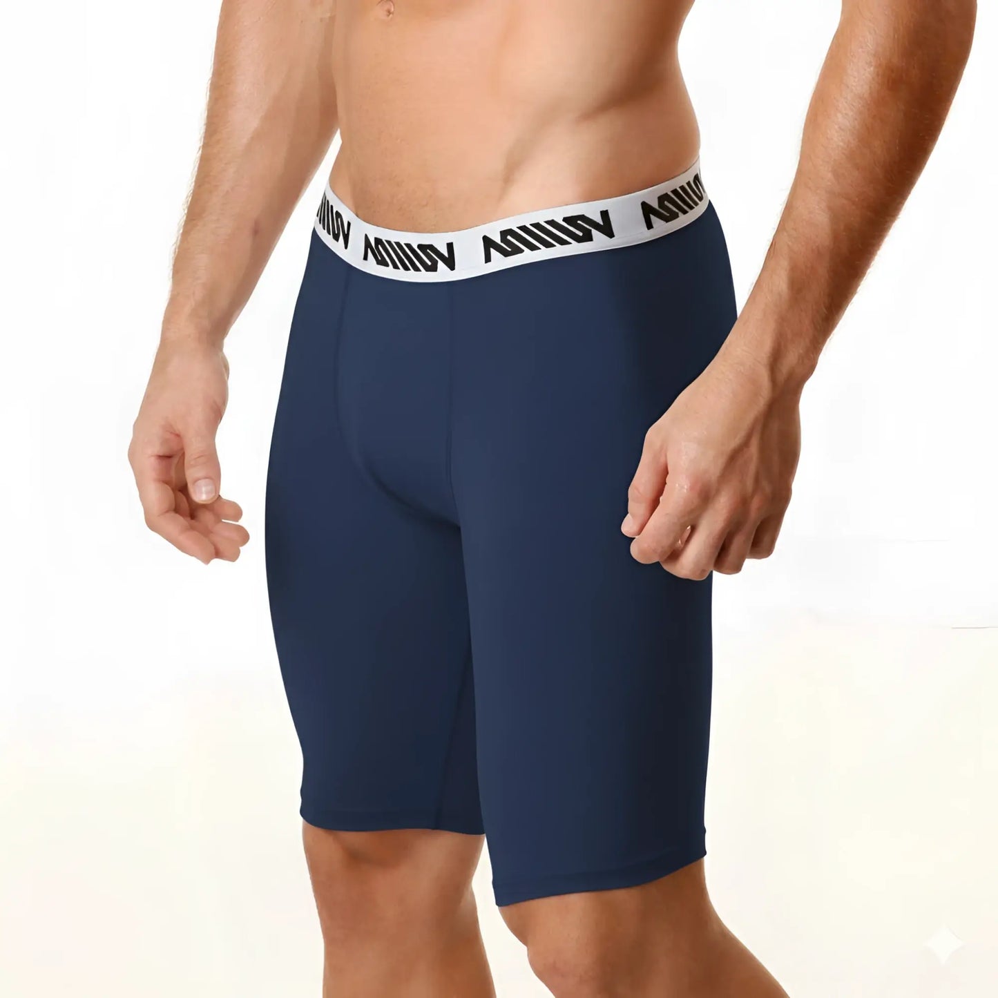 Navy blue cotton athletic briefs with white elastic waistband featuring black metro malewear logo text front view