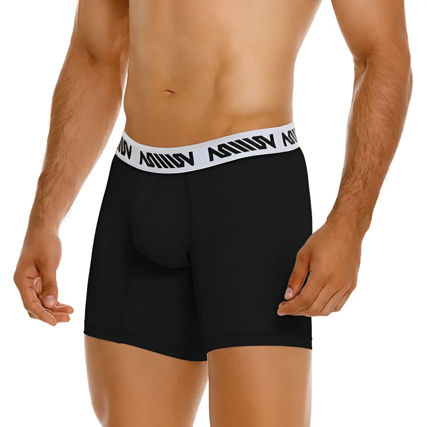 Black cotton MetroMaleWear boxer briefs with white elastic waistband featuring black amin branding mid length