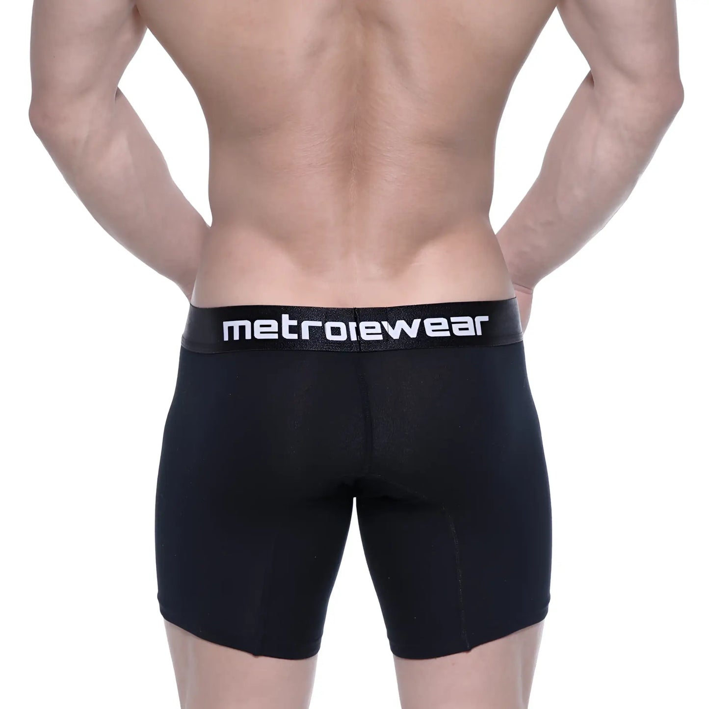 Black metrowear cotton mid boxer briefs with a 10 inch inseam and white logo on the waistband