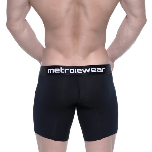Black metrowear cotton mid boxer briefs with a 10 inch inseam and white logo on the waistband