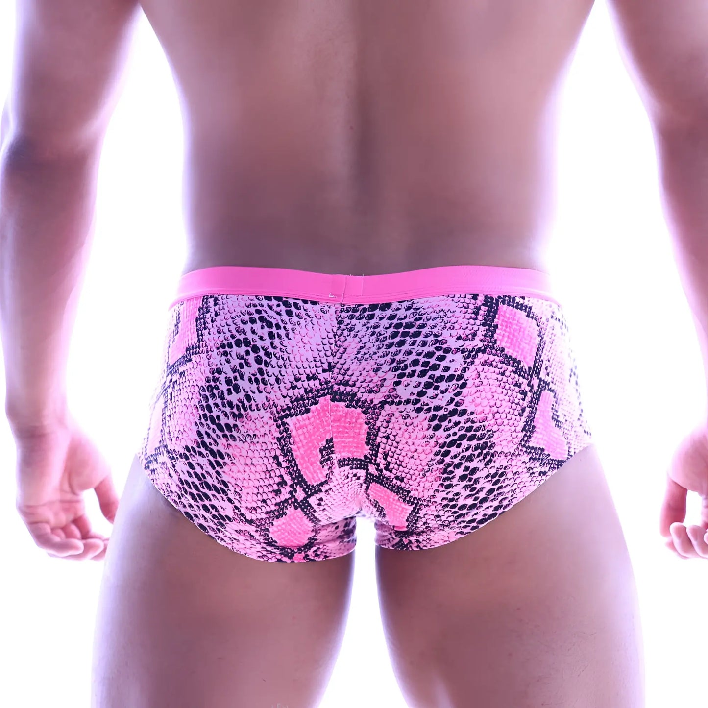 MetroMaleWear cotton pouch boxer in neon pink with pink snake print and bright pink waistband visible from front side