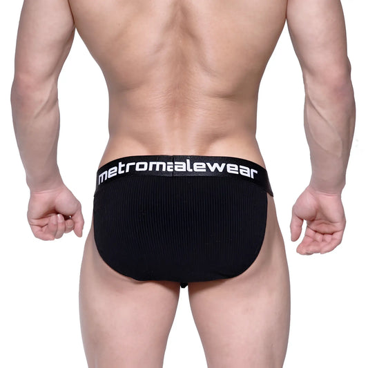 Black cotton ribbed briefs with metromalewear logo on waistband metro male wear cotton rib bulge bikini 3004-b20